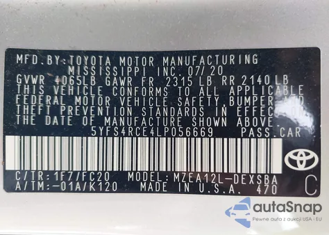2020 Toyota Corolla Se from USA, damaged, VIN 5YFS4RCE4LP056669